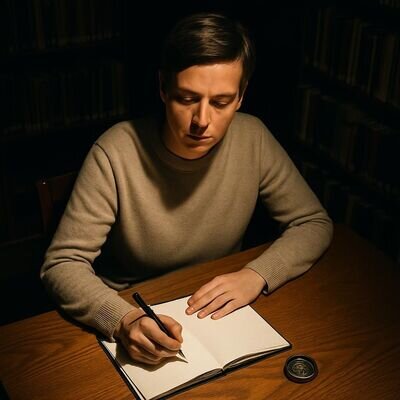 Eine Person schreibt in ein Notizbuch an einem Tisch; die Szene wirkt klar, konzentriert und hoffnungsvoll.