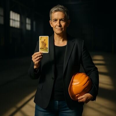 Eine Person steht in einer modernen Industriehalle am Rand und blickt mit Tarotkarte in der Hand nach vorn, als Symbol fuer berufliche Neuorientierung.