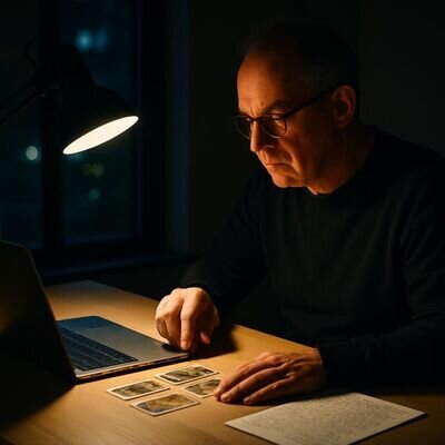 Person am Laptop in konzentrierter Atmosph&auml;re, Notizen neben Karten &ndash; passend f&uuml;r Online- oder Telefonberatung.