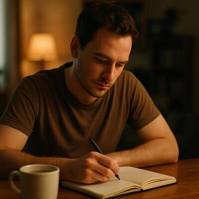 Eine Person schreibt konzentriert in ein Journal, als Symbol f&uuml;r den Dialog mit inneren Anteilen.