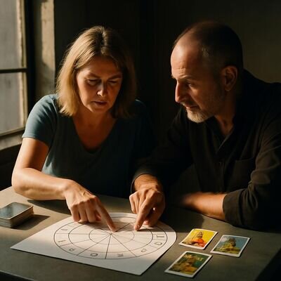 Zwei Menschen betrachten Tarotkarten und ein astrologisches Rad in ruhiger, lernorientierter Atmosph&auml;re.