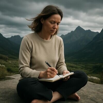 Eine Frau sitzt nach einer kurzen Meditation in weiter Landschaft und schreibt ihre Eindr&uuml;cke auf.