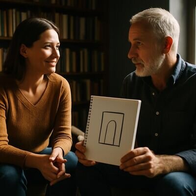 Zwei Menschen sprechen in einer warmen, vertrauensvollen Atmosph&auml;re &uuml;ber einen Traum und wirken erleichtert.