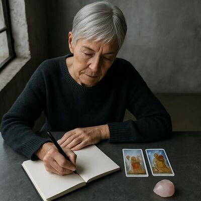 Eine Person notiert Erkenntnisse neben Tarotkarten, klare Linien, konzentrierter Ausdruck.