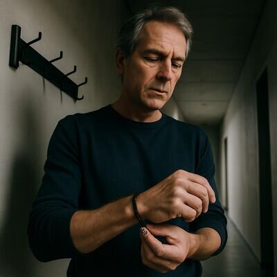 Eine Person legt ein schlichtes Schutzarmband an, das an Abgrenzung und Ruhe erinnert.