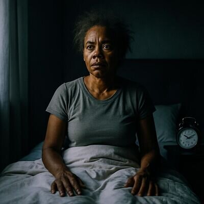 Eine Person sitzt im Bett und atmet ruhig, das Zimmer wirkt hell und sicher.