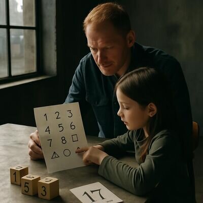 Warme Alltagsszene: Elternteil und Kind betrachten gemeinsam Zahlen und Symbole, ruhig und zugewandt.