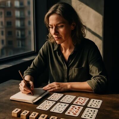 Eine Person betrachtet Tarotkarten und notiert Zahlenmuster in einem hellen, ruhigen Umfeld.