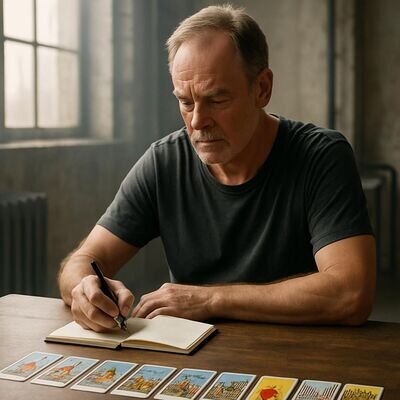 Eine Person schreibt Deutungs-S&auml;tze zu Tarot-Zahlen in ein Heft neben ausgelegten Karten.