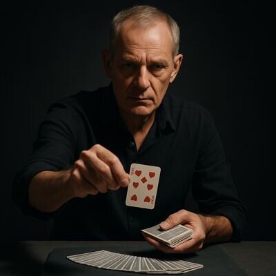 Eine Person faechert Karten auf und zieht eine Karte bewusst, konzentrierter Blick und klare Szene.