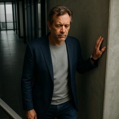 Ein Mann hält im Büroflur kurz inne, atmet bewusst und orientiert sich, bevor er weitergeht.