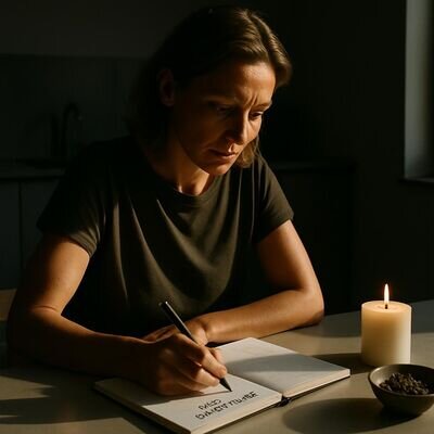 Eine Person schreibt morgens in einen Ritual-Tagesplaner, ruhige Start-in-den-Tag-Stimmung.