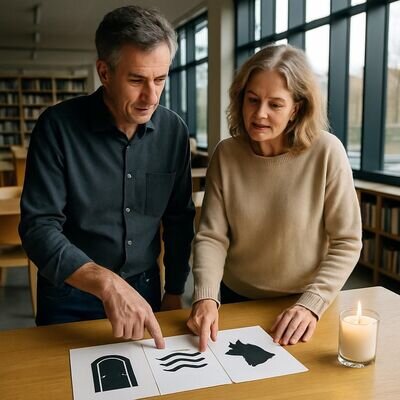 Zwei Menschen betrachten nachdenklich archetypische Symbole auf Papier, ruhige, klaerende Stimmung.