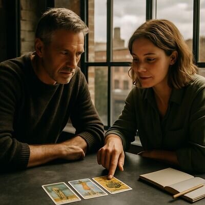 Zwei Menschen sitzen nebeneinander, schauen auf drei ausgelegte Tarotkarten und sprechen ruhig &uuml;ber die Bedeutung.
