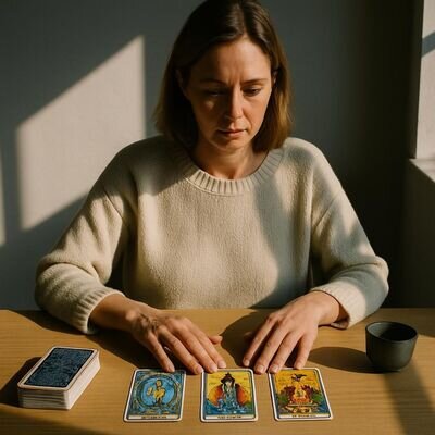 Eine Person legt drei Tarotkarten in einer ruhigen, aufger&auml;umten Umgebung aus und betrachtet sie konzentriert.