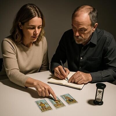 Zwei Personen besprechen ein Tarot-Reading in freundlicher Atmosph&auml;re, Lernen mit Struktur und Ruhe.