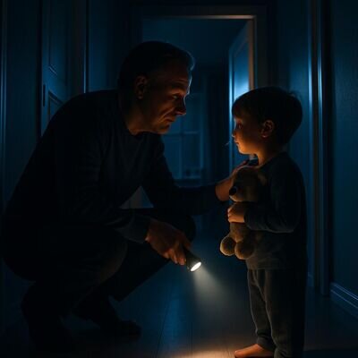 Bezugsperson beruhigt ein aufgewachtes Kind mit ruhiger Pr&auml;senz und Nachtlicht.