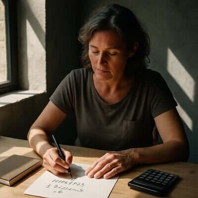 Eine Person notiert Geburtsdatum und Quersumme, um die Lebenszahl zu bestimmen.