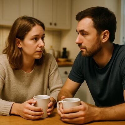 Zwei Menschen trinken Tee am K&uuml;chentisch und sprechen ruhig, bodenst&auml;ndige Verbundenheit.