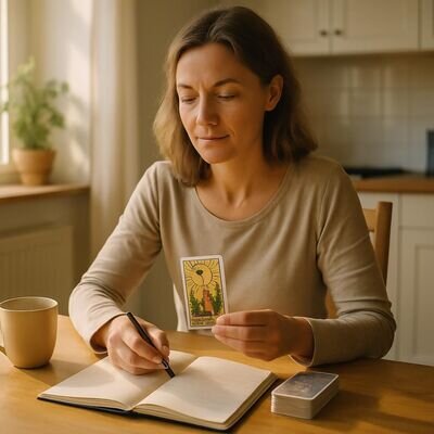 Eine Person zieht am hellen Morgen eine Tarot-Tageskarte und notiert den ersten Impuls im Journal.
