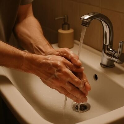 Eine Person waescht bewusst die Haende am Waschbecken, ruhige Stimmung, Alltagsszene.