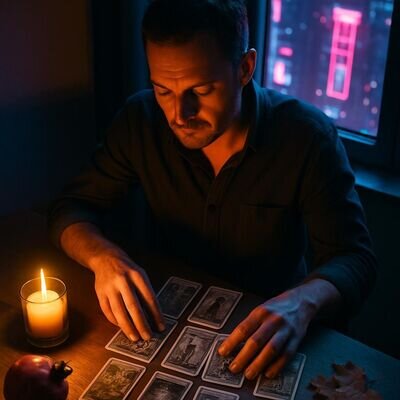 Eine Person legt Tarotkarten auf einem Tisch, Kerzenlicht und Herbstsymbole – konzentriert und bodenständig.