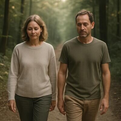 Zwei europaeisch wirkende Personen gehen langsam in der Natur, ruhig, verbunden, alltagsnah.