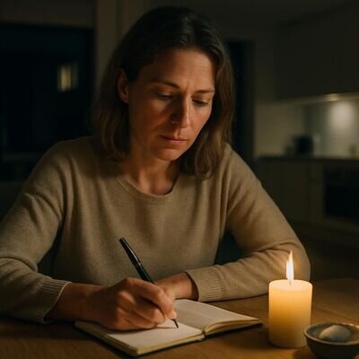Eine Person schreibt bei Kerzenschein eine Neumond-Intention in ein Notizbuch.