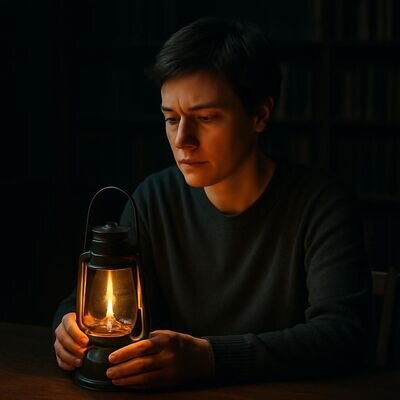 Eine Person sitzt in einer Bibliothek bei warmem Licht und betrachtet eine Kerzenflamme als Symbol f&uuml;r Transformation.