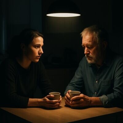 Zwei Personen in einer warmen Kueche, ein beruhigendes Gespraech bei Wasser oder Tee.