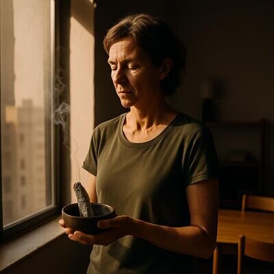 Eine Person haelt eine Raeucherschale mit glimmendem Salbei, waehrend frische Luft durch ein offenes Fenster stroemt.