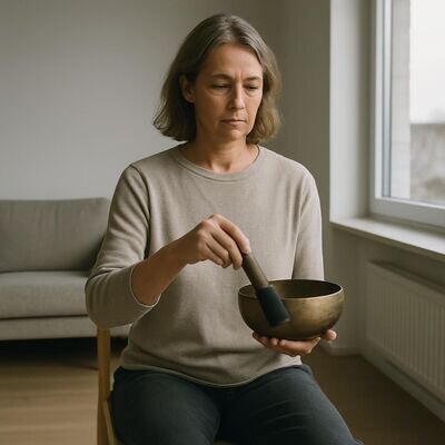 Eine Person sitzt ruhig in einem aufger&auml;umten Raum und fokussiert sich auf den Nachklang einer Klangschale.