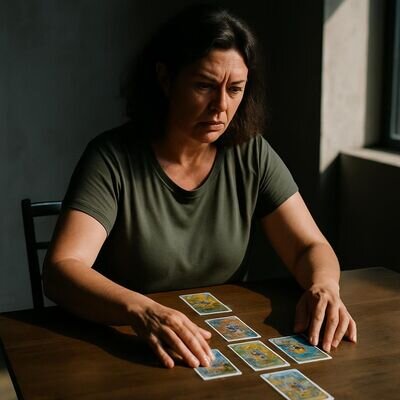 Eine Person legt Tarotkarten in der Struktur des Keltischen Kreuzes auf einem Tisch aus.