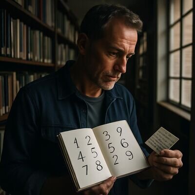 Eine Person betrachtet nachdenklich einen Kalender und ein Notizbuch in einer Bibliothek-Atmosph&auml;re, ruhig und geordnet.