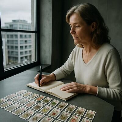 Eine Person h&auml;lt nach der Deutung inne und schreibt Erkenntnisse aus dem Tableau in ein Notizbuch.