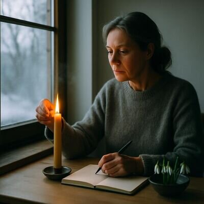 Eine Person markiert Imbolc mit einer Kerze und einem Notizbuch in ruhiger Winteratmosph&auml;re.