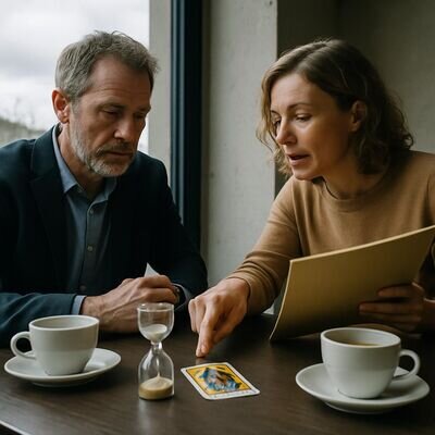 Zwei Personen sitzen in einem Cafe und besprechen berufliche Optionen, Tarotkarten liegen als Reflexionshilfe auf dem Tisch.