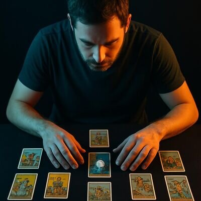 Eine Person ordnet Karten und fokussiert ein Symbol, um Intuition und Kernbedeutung zusammenzubringen.