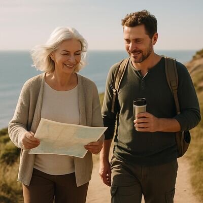 Zwei Menschen gehen ohne Handy in einer hellen Landschaft spazieren und wirken pr&auml;sent und verbunden.