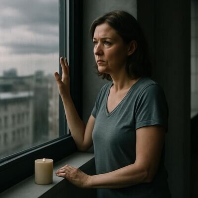 Eine Person steht nachdenklich am Fenster im Morgenlicht und wirkt zugleich verletzlich und hoffnungsvoll.