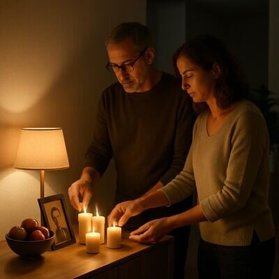 Zwei Menschen richten einen schlichten Ahnenaltar mit Kerzen und Erinnerungsstücken her – warm, respektvoll, alltagsnah.