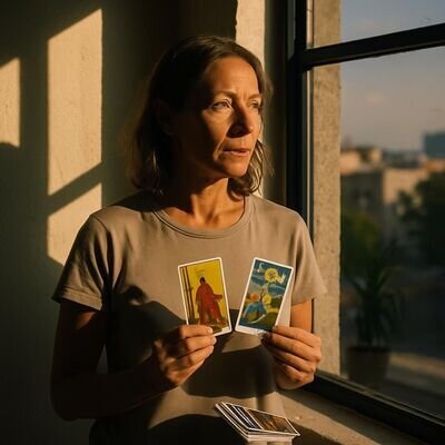 Eine Person h&auml;lt Tarotkarten in der Hand und blickt nachdenklich in warmes Morgenlicht am Fenster.