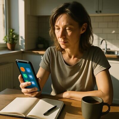 Eine Person vergleicht auf dem Smartphone Meditations-Apps und macht sich Notizen, ruhige Alltagsatmosph&auml;re.