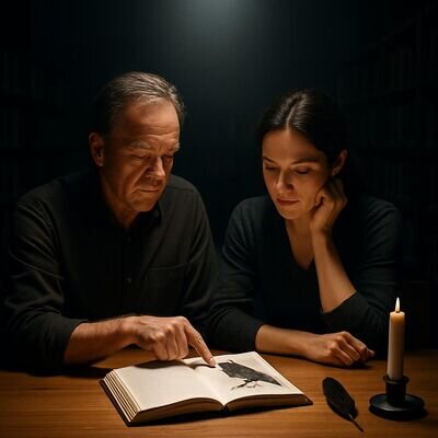 Zwei Personen betrachten ein Notizbuch mit Raben-Skizze als Impuls fuer Reflexion und Transformation.