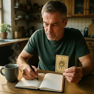 Eine Person zieht am Morgen eine Orakelkarte und notiert eine Intention in ein Notizbuch.