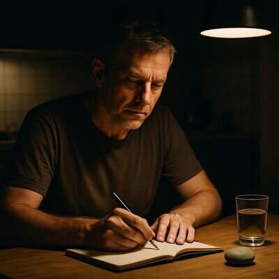 Eine Person reflektiert den Tag am Abend mit Notizbuch, ruhiger Stimmung und warmem Licht.