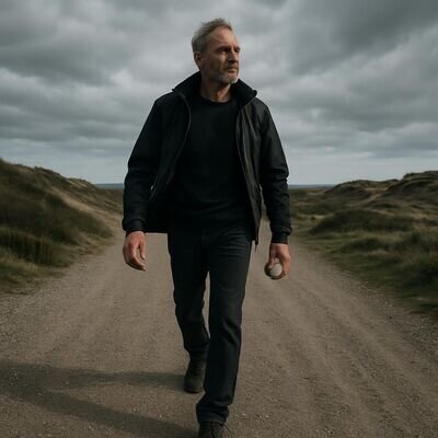 Eine Person geht allein auf einem weiten Weg in der Natur; die Stimmung ist ruhig, klar und zuversichtlich.