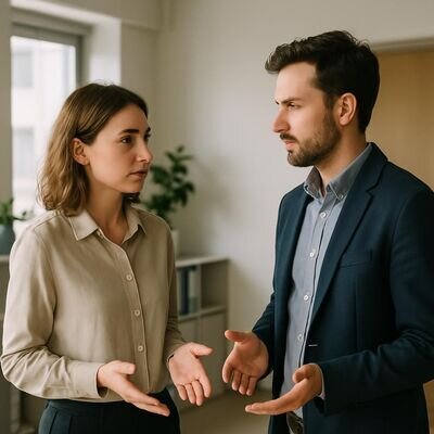 Zwei Menschen im ruhigen Gespr&auml;ch, klare aber freundliche K&ouml;rpersprache und Abstand.