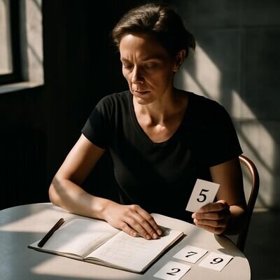 Eine Person reflektiert ruhig &uuml;ber Notizen und Zahlen, um Interpretationen bodenst&auml;ndig zu pr&uuml;fen.