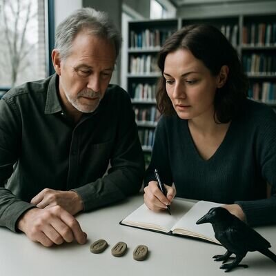 Zwei Menschen schauen gemeinsam auf drei gezogene Runen und besprechen die Deutung, daneben liegt ein Journal.